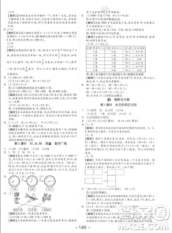 開明出版社2021全品學練考數(shù)學三年級上冊RJ人教版答案