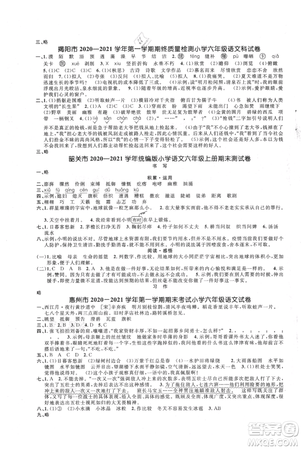 江西教育出版社2021陽光同學課時優(yōu)化作業(yè)六年級上冊語文人教版廣東專版參考答案