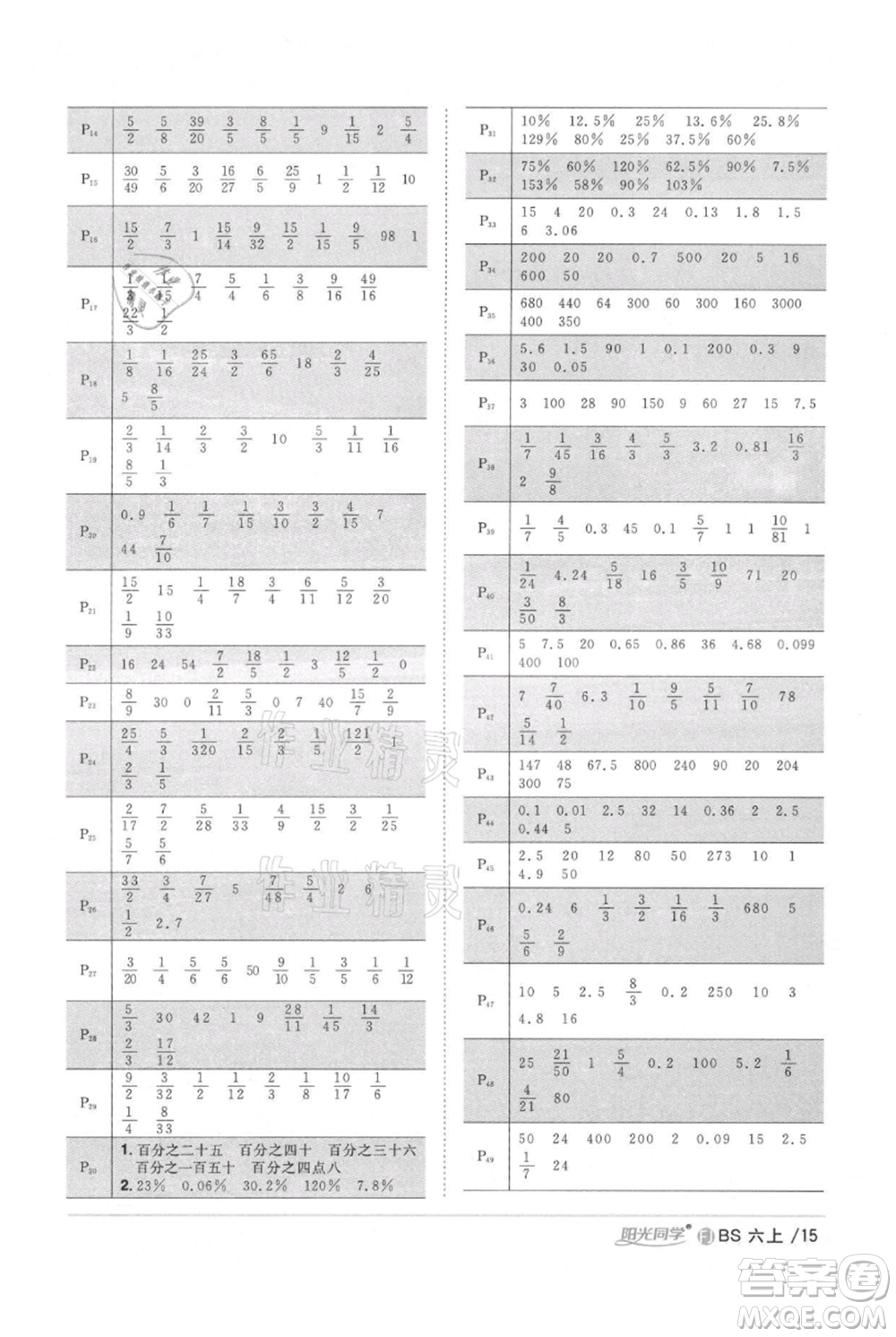 江西教育出版社2021陽(yáng)光同學(xué)課時(shí)優(yōu)化作業(yè)六年級(jí)上冊(cè)數(shù)學(xué)北師大版福建專(zhuān)版參考答案