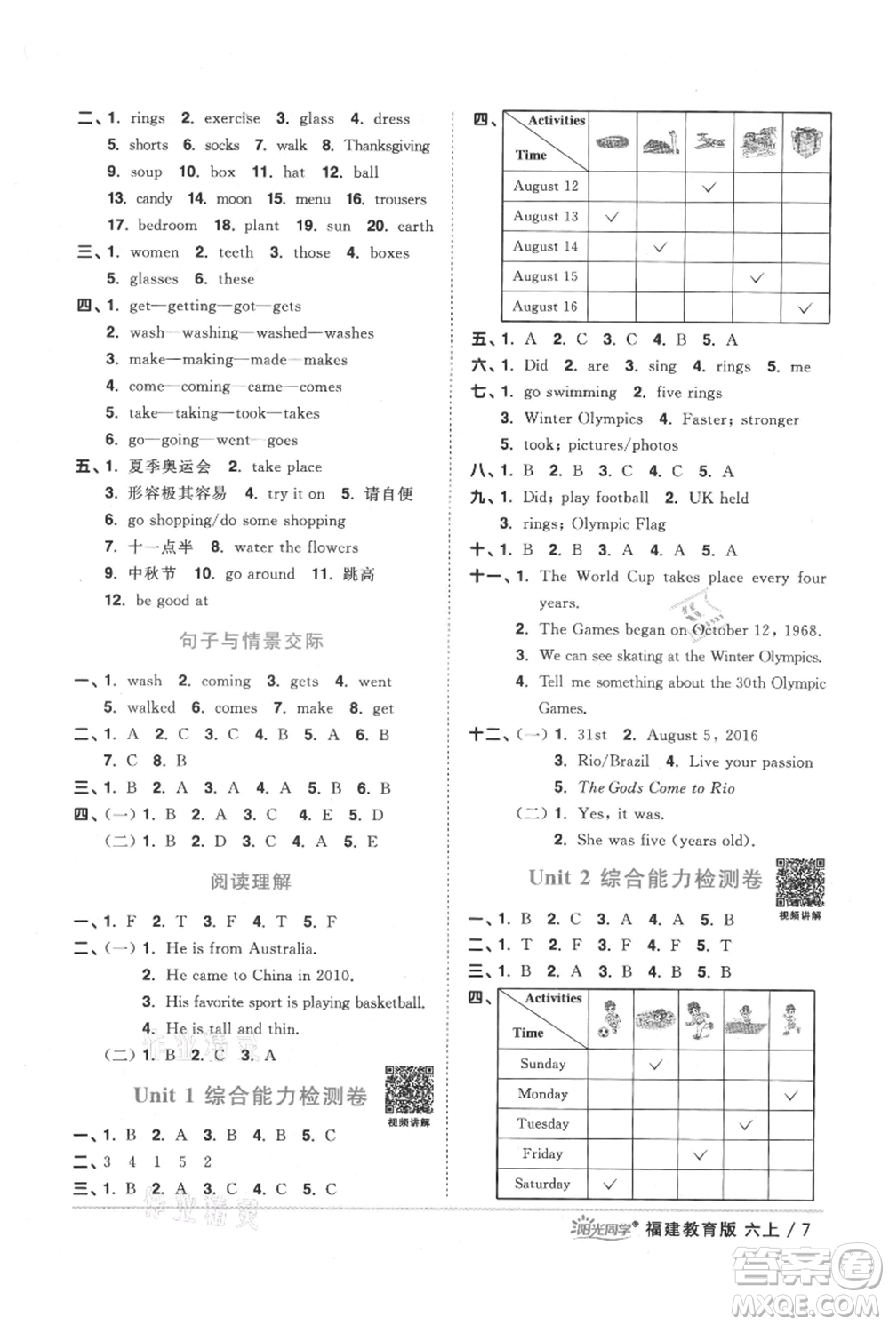 江西教育出版社2021陽光同學(xué)課時優(yōu)化作業(yè)六年級上冊英語福建教育版參考答案