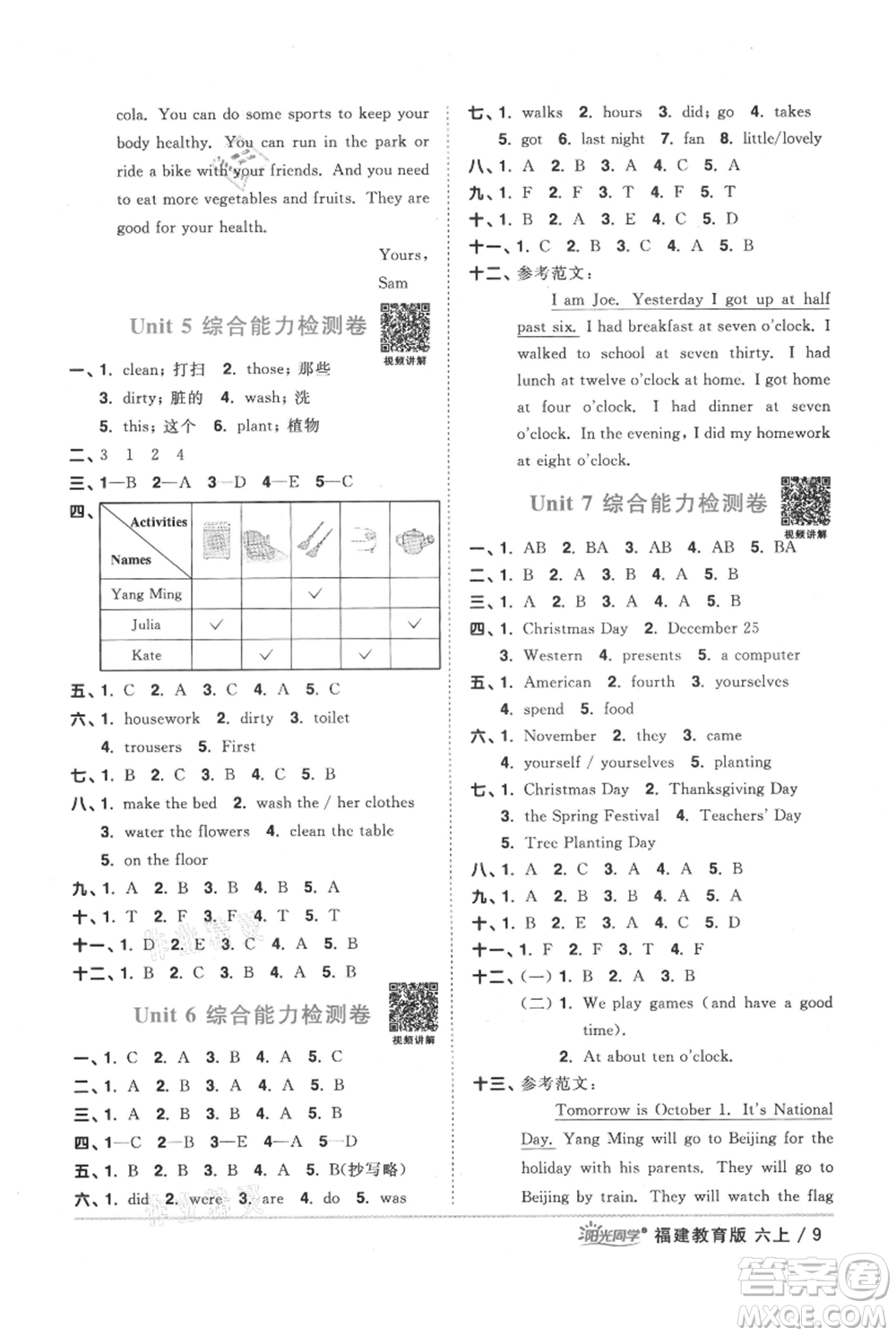 江西教育出版社2021陽光同學(xué)課時優(yōu)化作業(yè)六年級上冊英語福建教育版參考答案