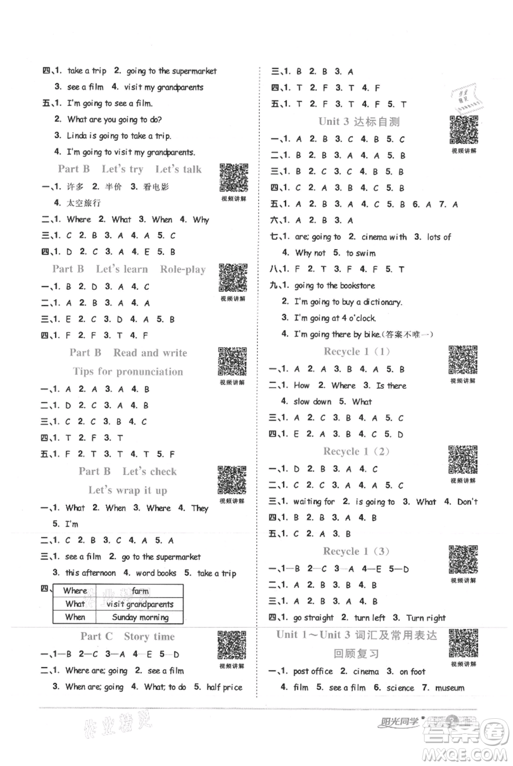 江西教育出版社2021陽光同學(xué)課時(shí)優(yōu)化作業(yè)六年級上冊英語人教版菏澤專版參考答案
