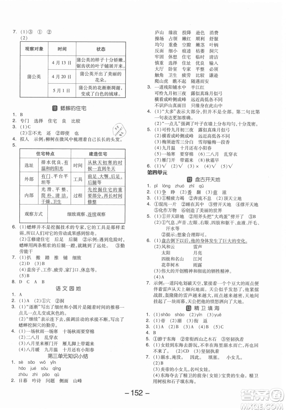 開(kāi)明出版社2021全品學(xué)練考語(yǔ)文四年級(jí)上冊(cè)RJ人教版答案