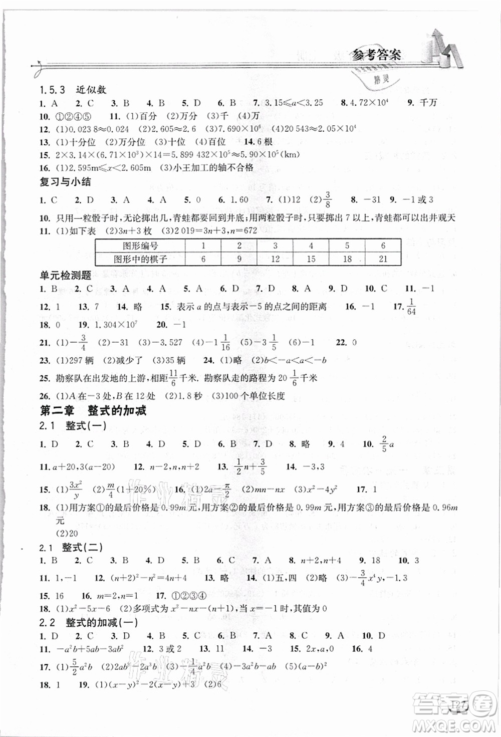 湖北教育出版社2021長(zhǎng)江作業(yè)本同步練習(xí)冊(cè)七年級(jí)數(shù)學(xué)上冊(cè)人教版答案