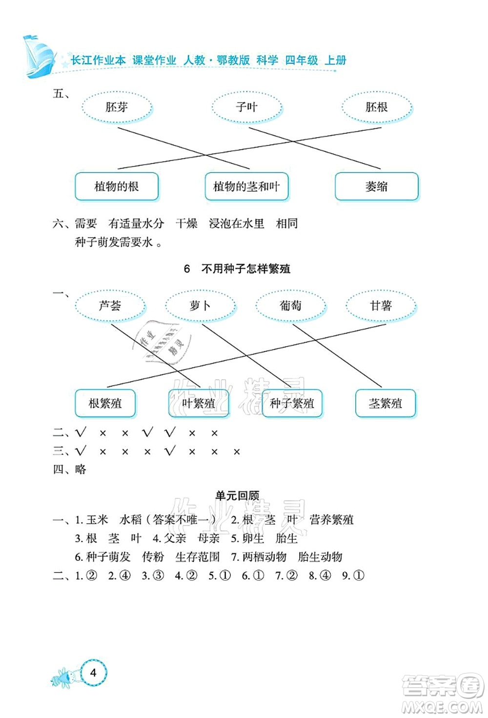 湖北教育出版社2021長(zhǎng)江作業(yè)本課堂作業(yè)四年級(jí)科學(xué)上冊(cè)人教鄂教版答案