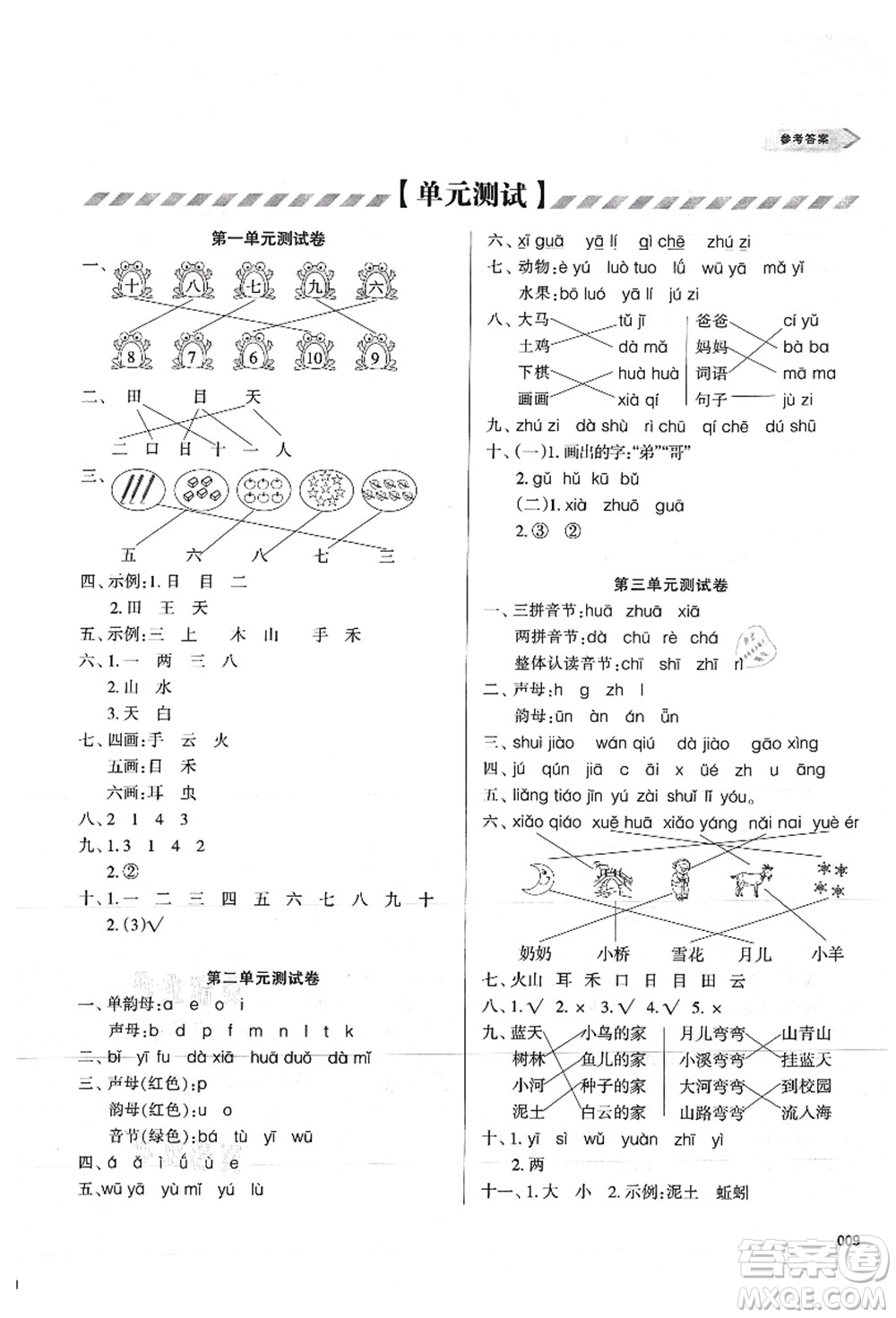 天津教育出版社2021學習質(zhì)量監(jiān)測一年級語文上冊人教版答案