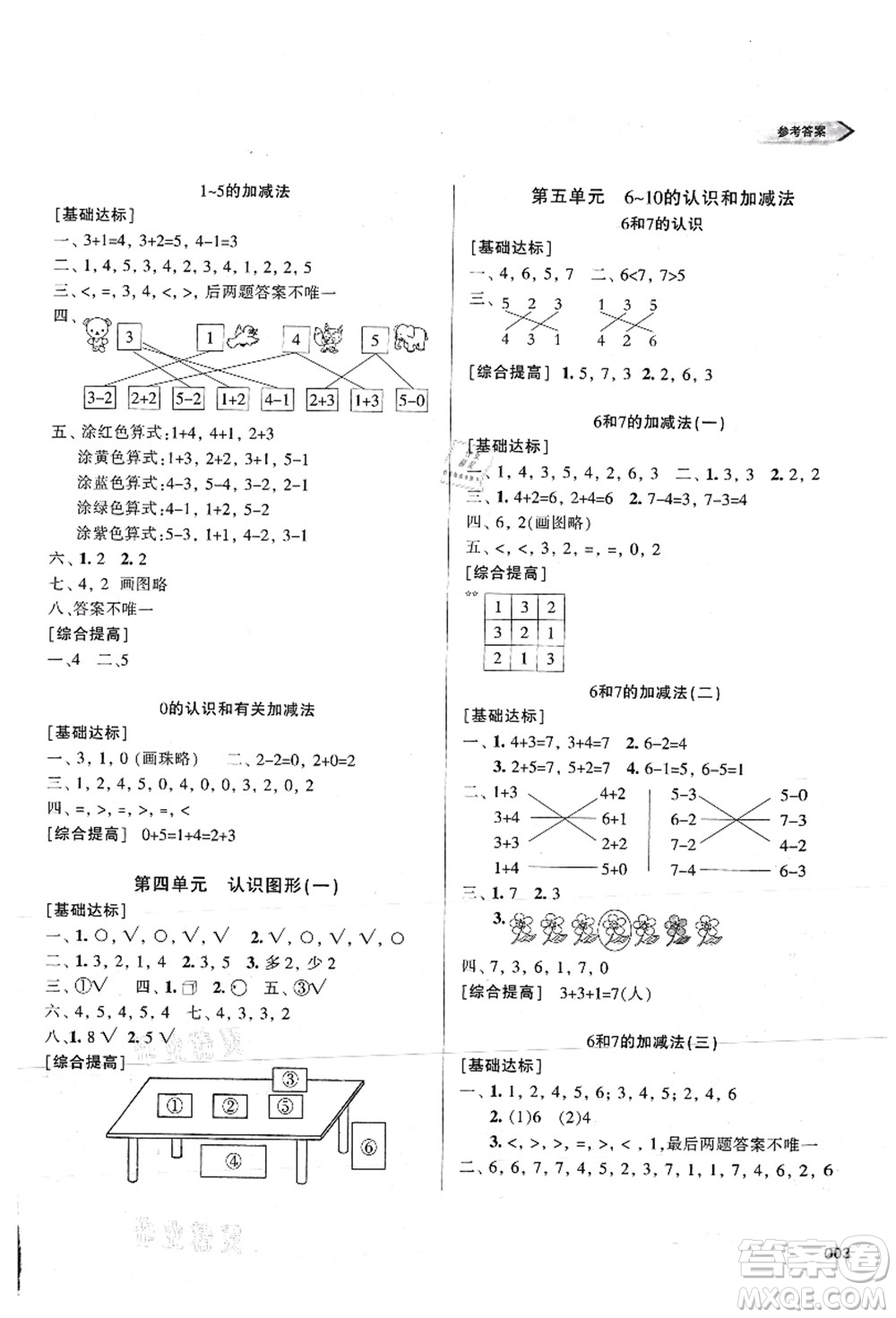 天津教育出版社2021學(xué)習(xí)質(zhì)量監(jiān)測一年級數(shù)學(xué)上冊人教版答案