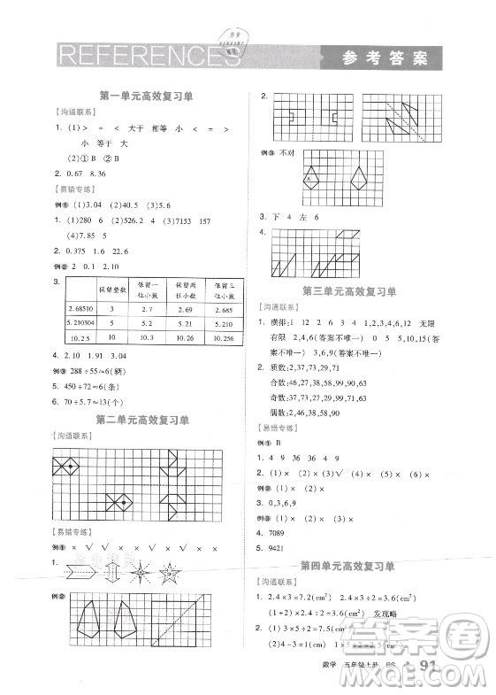 開明出版社2021全品學(xué)練考數(shù)學(xué)五年級上冊BS北師大版答案