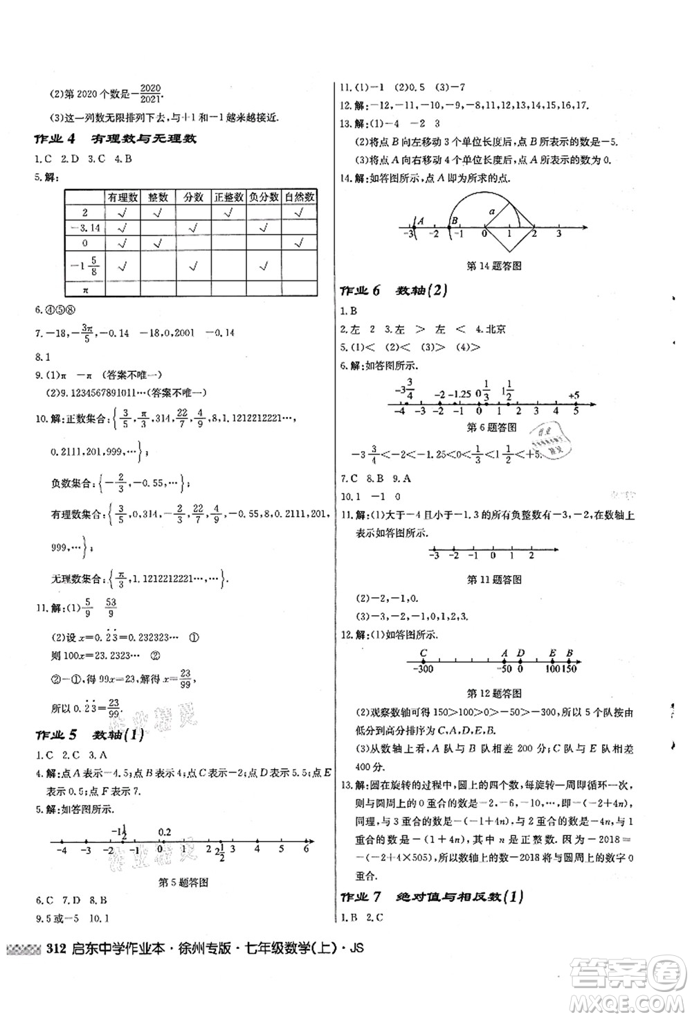 龍門書局2021啟東中學(xué)作業(yè)本七年級數(shù)學(xué)上冊JS江蘇版徐州專版答案