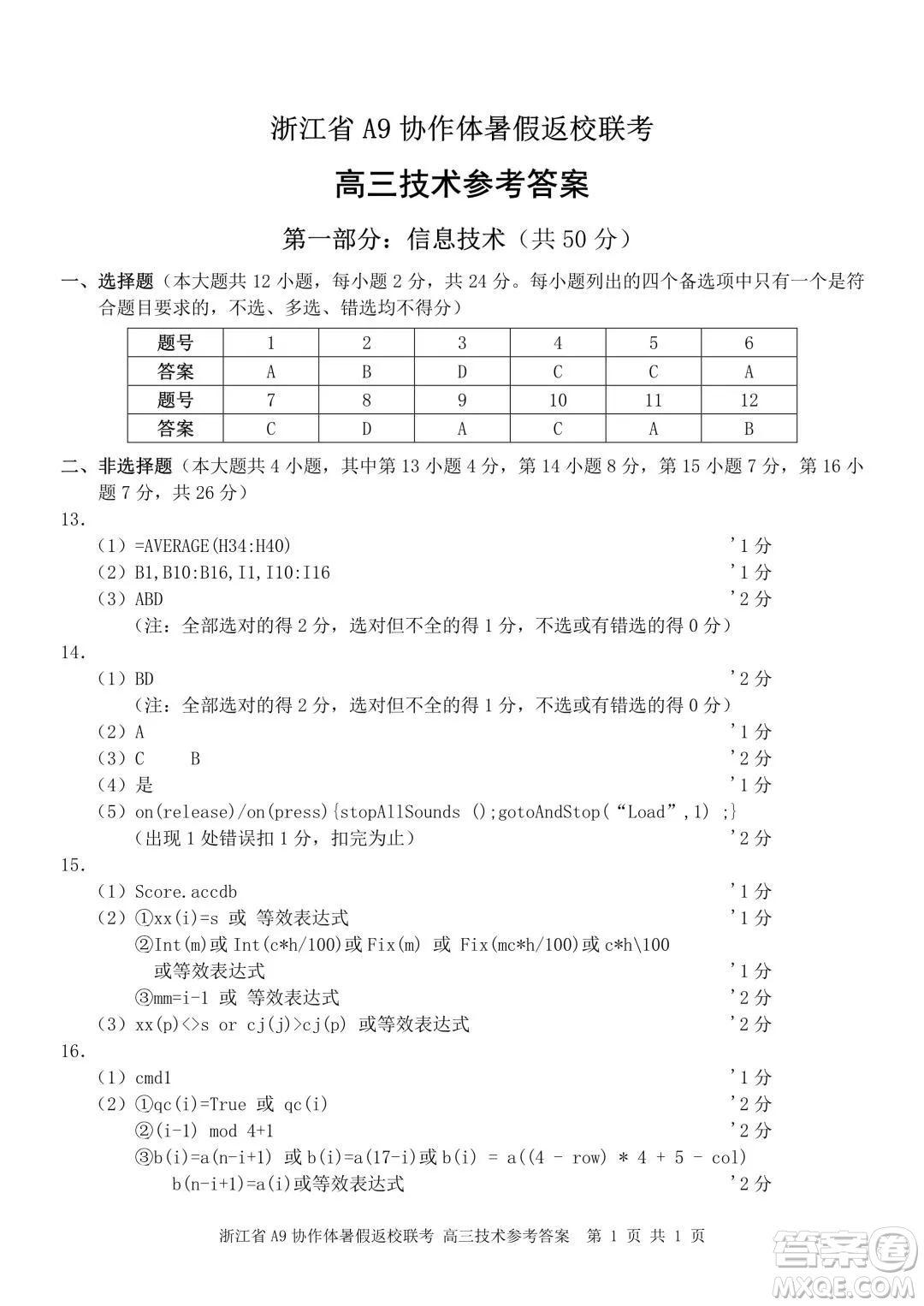 2022屆浙江省A9協(xié)作體暑假返校聯(lián)考高三技術(shù)試題卷及答案