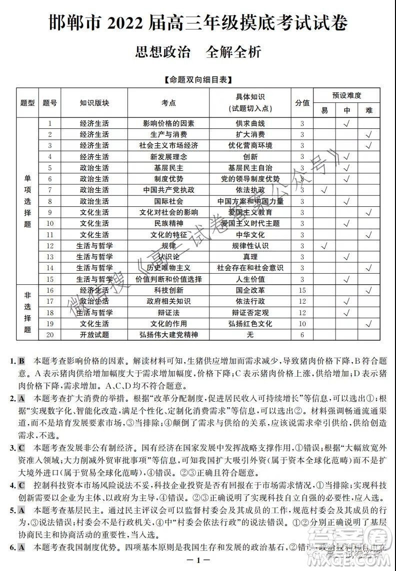 邯鄲市2022屆高三年級摸底考試思想政治試卷及答案