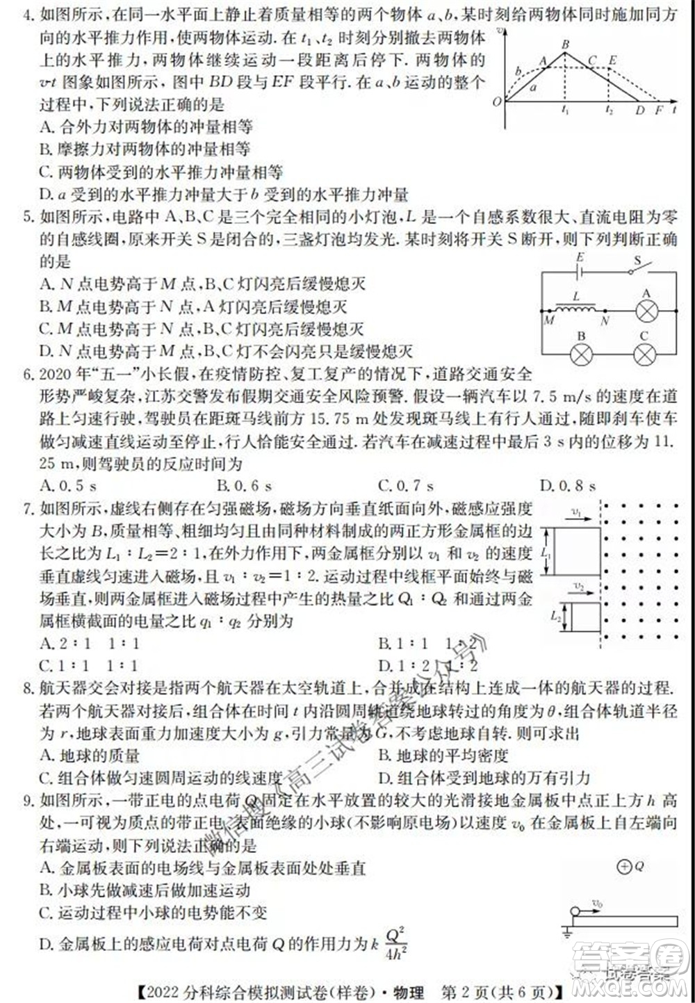 2022屆全國(guó)高考分科綜合模擬測(cè)試卷樣卷物理試題及答案