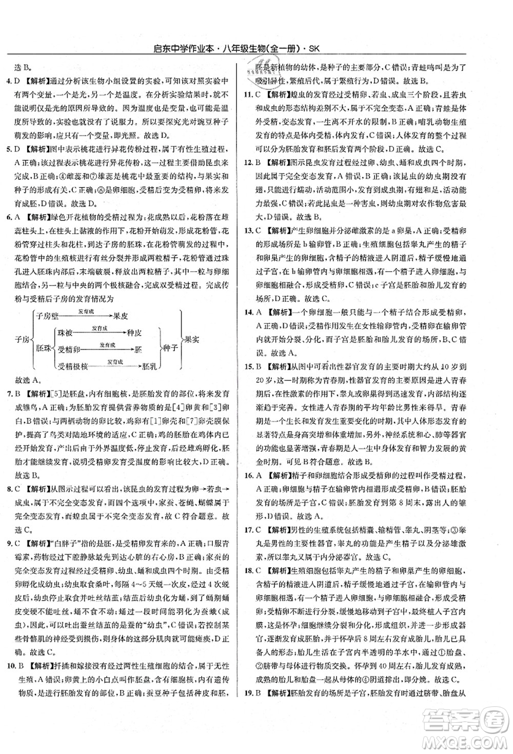 龍門書局2021啟東中學(xué)作業(yè)本八年級(jí)生物全一冊(cè)SK蘇科版答案