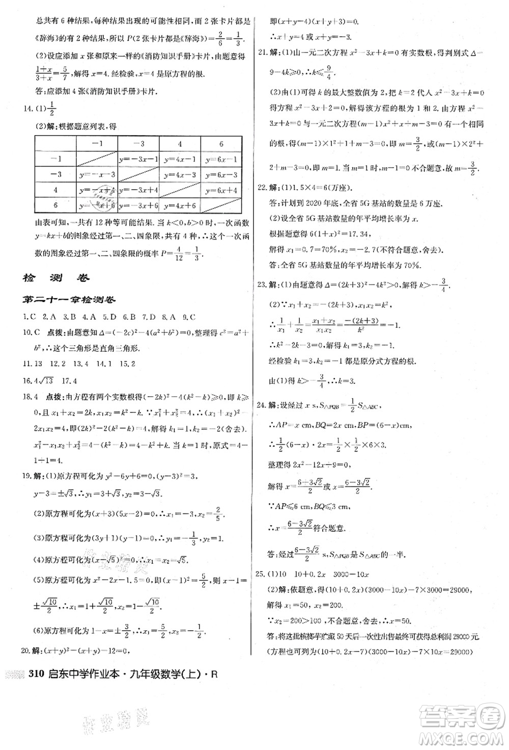 龍門書局2021啟東中學(xué)作業(yè)本九年級數(shù)學(xué)上冊R人教版答案