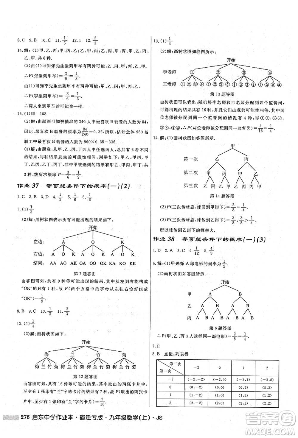 龍門書局2021啟東中學(xué)作業(yè)本九年級(jí)數(shù)學(xué)上冊(cè)JS江蘇版宿遷專版答案