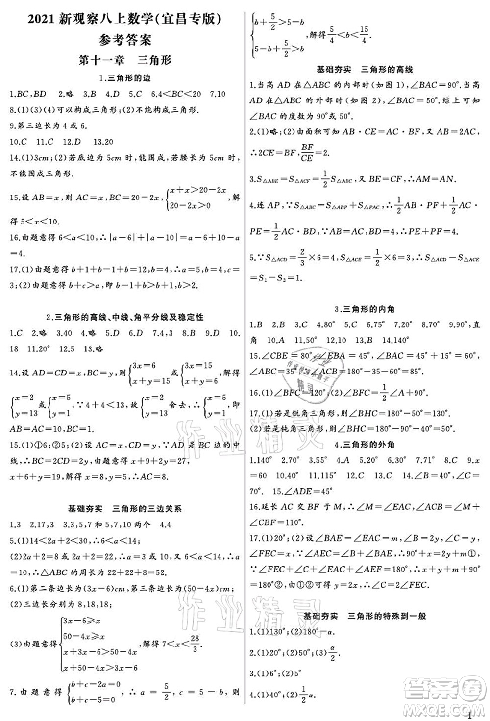 長(zhǎng)江少年兒童出版社2021思維新觀(guān)察八年級(jí)數(shù)學(xué)上冊(cè)RJ人教版宜昌專(zhuān)版答案