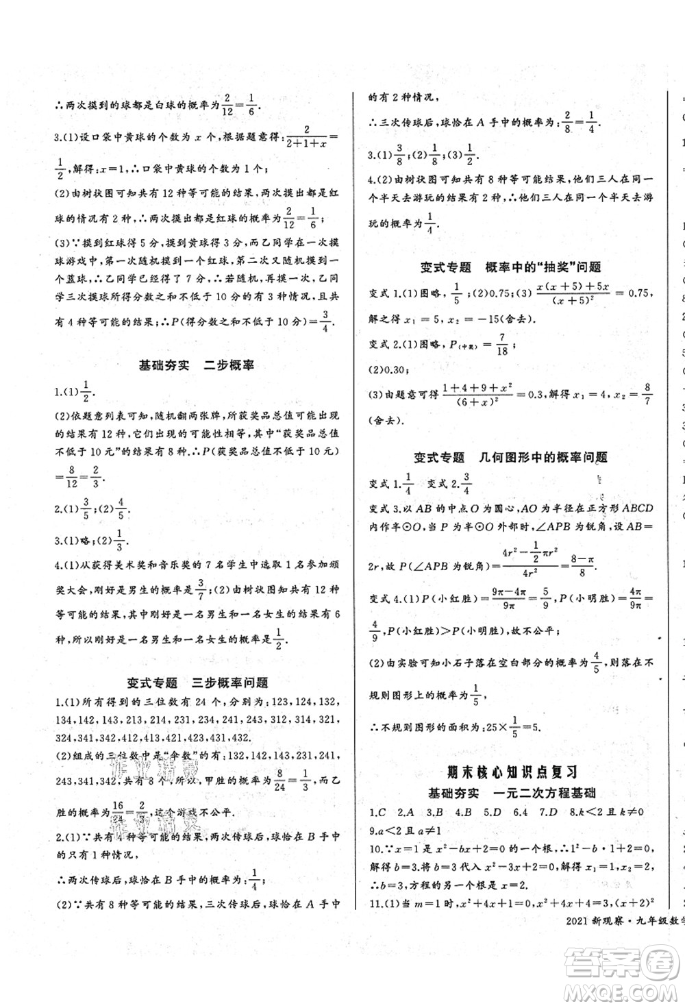 長(zhǎng)江少年兒童出版社2021思維新觀察九年級(jí)數(shù)學(xué)上冊(cè)RJ人教版答案