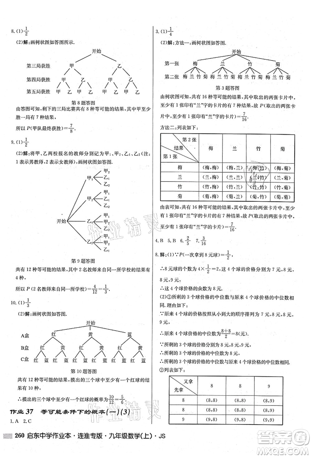 龍門書局2021啟東中學(xué)作業(yè)本九年級數(shù)學(xué)上冊JS江蘇版連淮專版答案