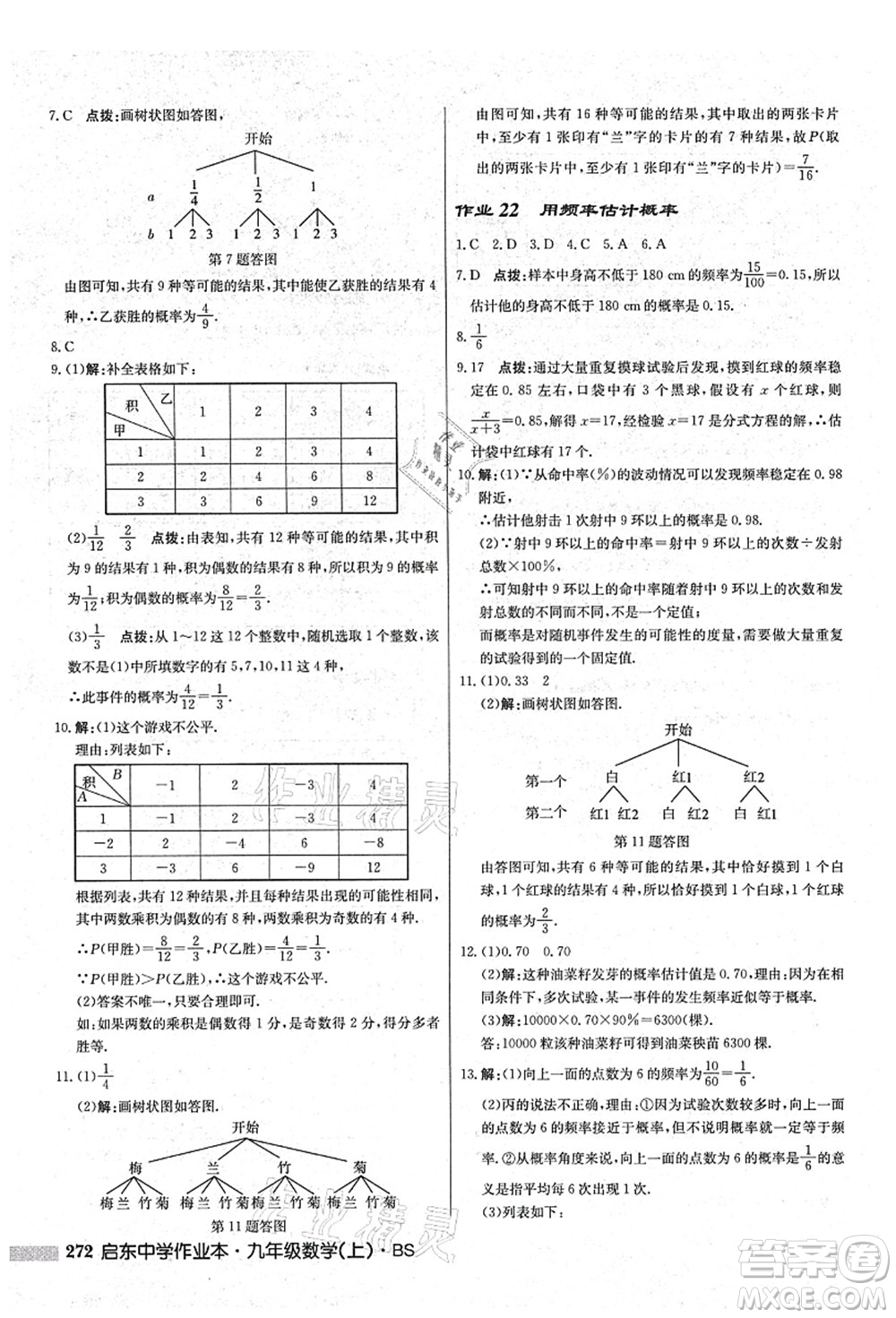 龍門書局2021啟東中學(xué)作業(yè)本九年級(jí)數(shù)學(xué)上冊(cè)BS北師版答案
