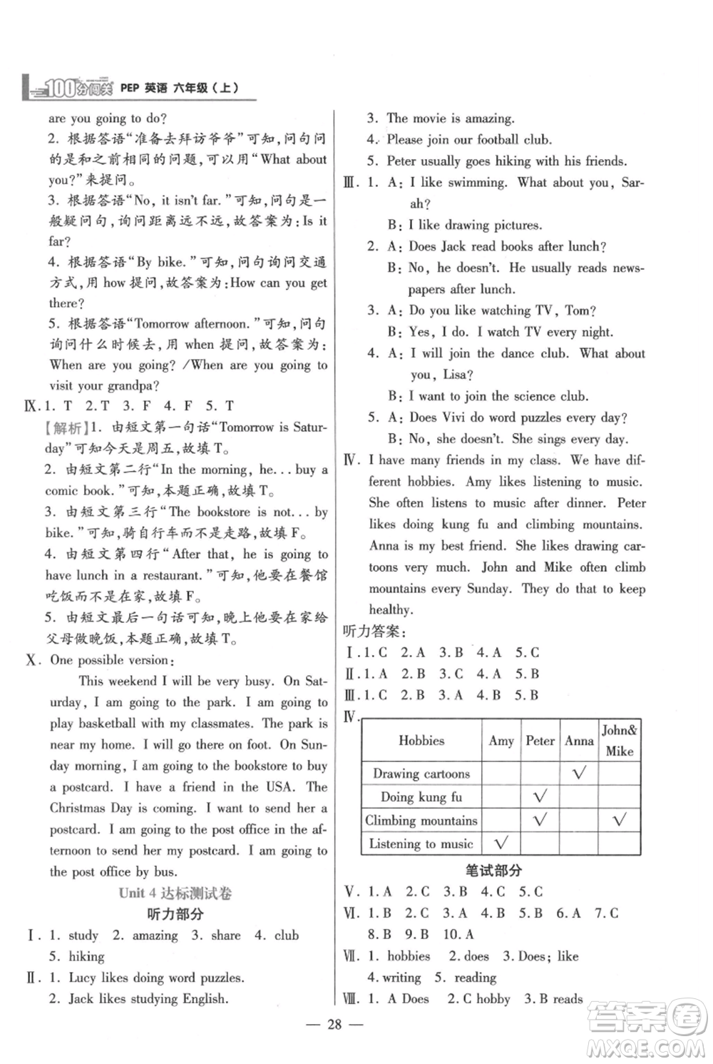 遠(yuǎn)方出版社2021年100分闖關(guān)同步練習(xí)冊(cè)六年級(jí)上冊(cè)英語(yǔ)人教版參考答案