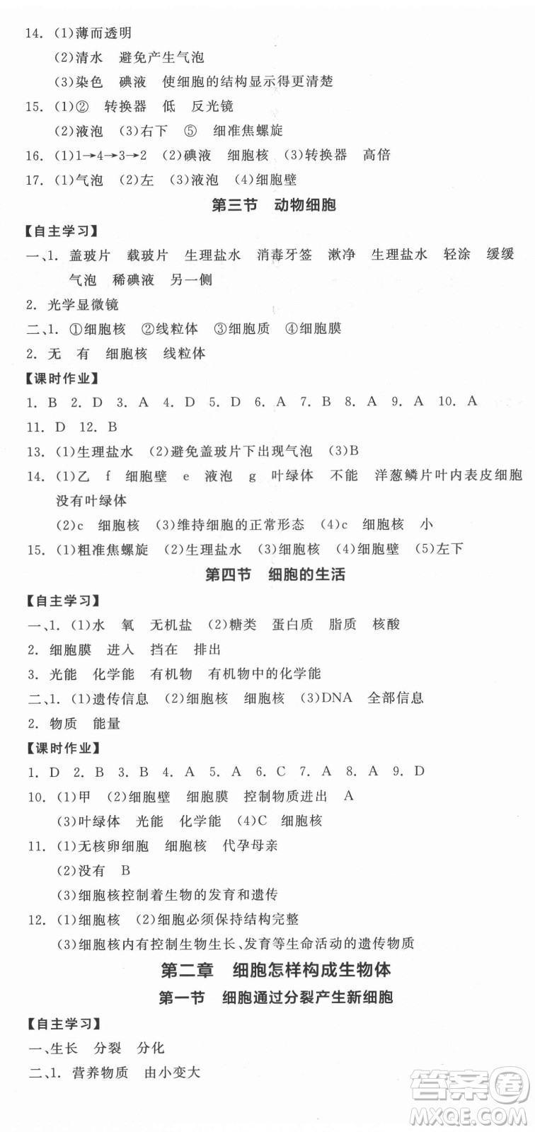 陽光出版社2021全品學(xué)練考生物七年級(jí)上冊RJ人教版答案