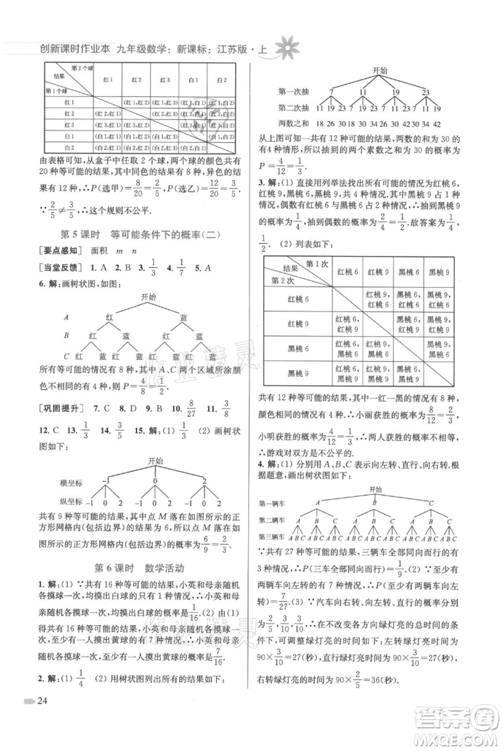 江蘇鳳凰美術(shù)出版社2021創(chuàng)新課時作業(yè)本九年級上冊數(shù)學(xué)江蘇版參考答案