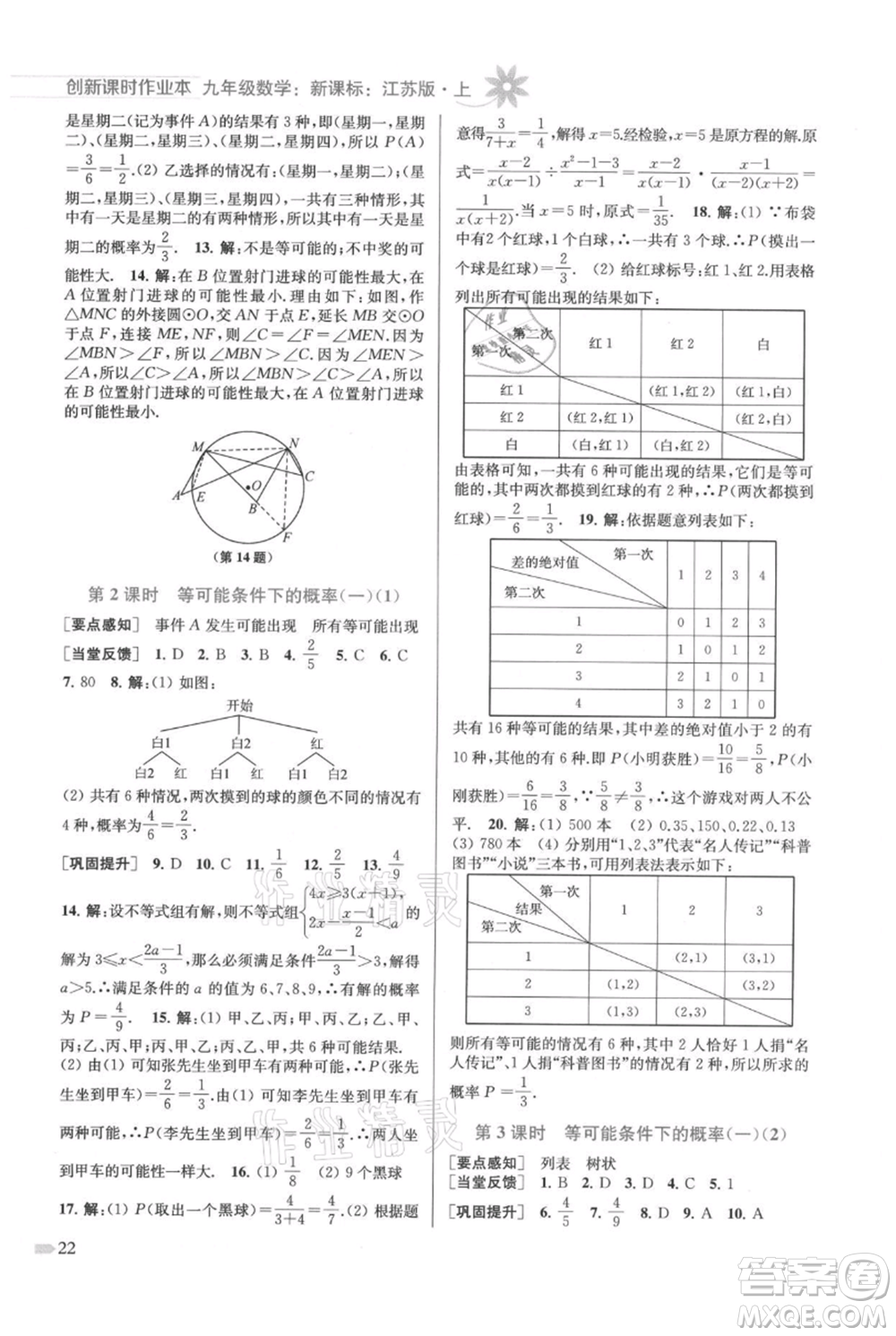 江蘇鳳凰美術(shù)出版社2021創(chuàng)新課時作業(yè)本九年級上冊數(shù)學(xué)江蘇版參考答案