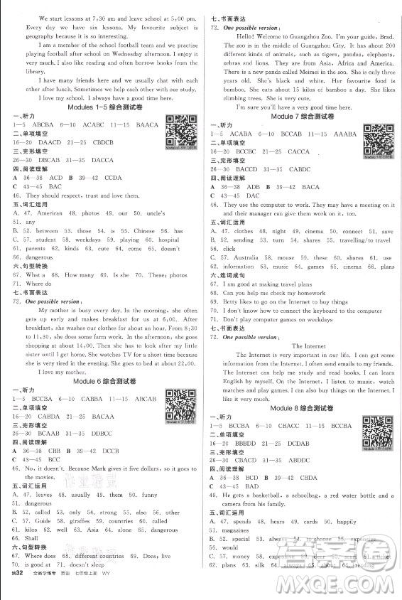 陽光出版社2021全品學(xué)練考英語七年級(jí)上冊(cè)WY外研版浙江專版答案