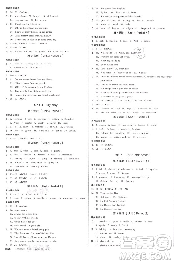 陽光出版社2021全品學(xué)練考英語七年級(jí)上冊(cè)YLNJ譯林牛津版徐州專版答案