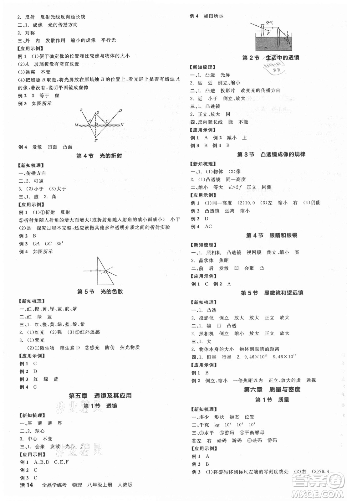 陽光出版社2021全品學(xué)練考物理八年級上冊RJ人教版答案