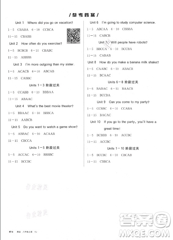 陽(yáng)光出版社2021全品學(xué)練考英語(yǔ)八年級(jí)上冊(cè)RJ人教版浙江專(zhuān)版答案