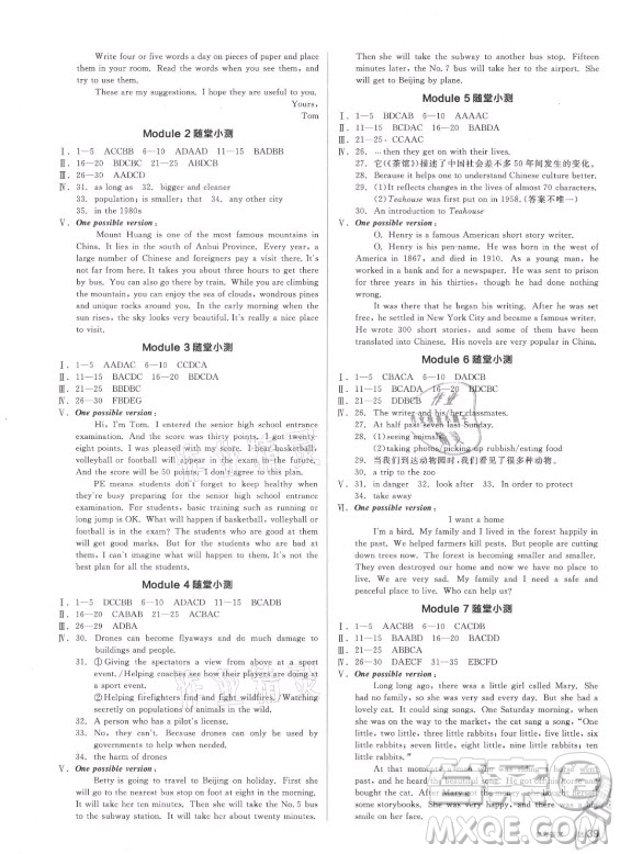 陽(yáng)光出版社2021全品學(xué)練考英語(yǔ)八年級(jí)上冊(cè)WY外研版答案
