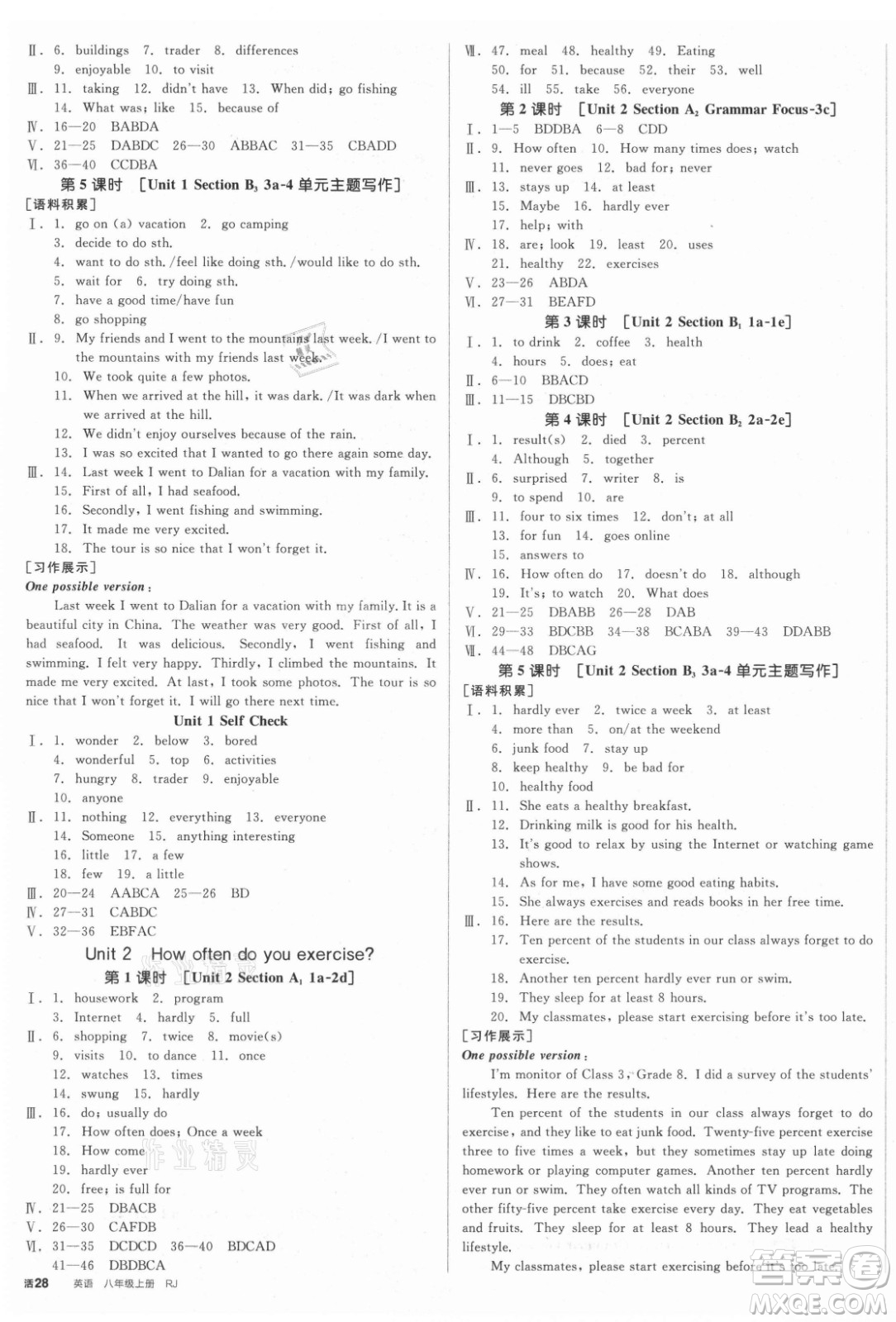 陽光出版社2021全品學(xué)練考英語八年級上冊RJ人教版江西專版答案