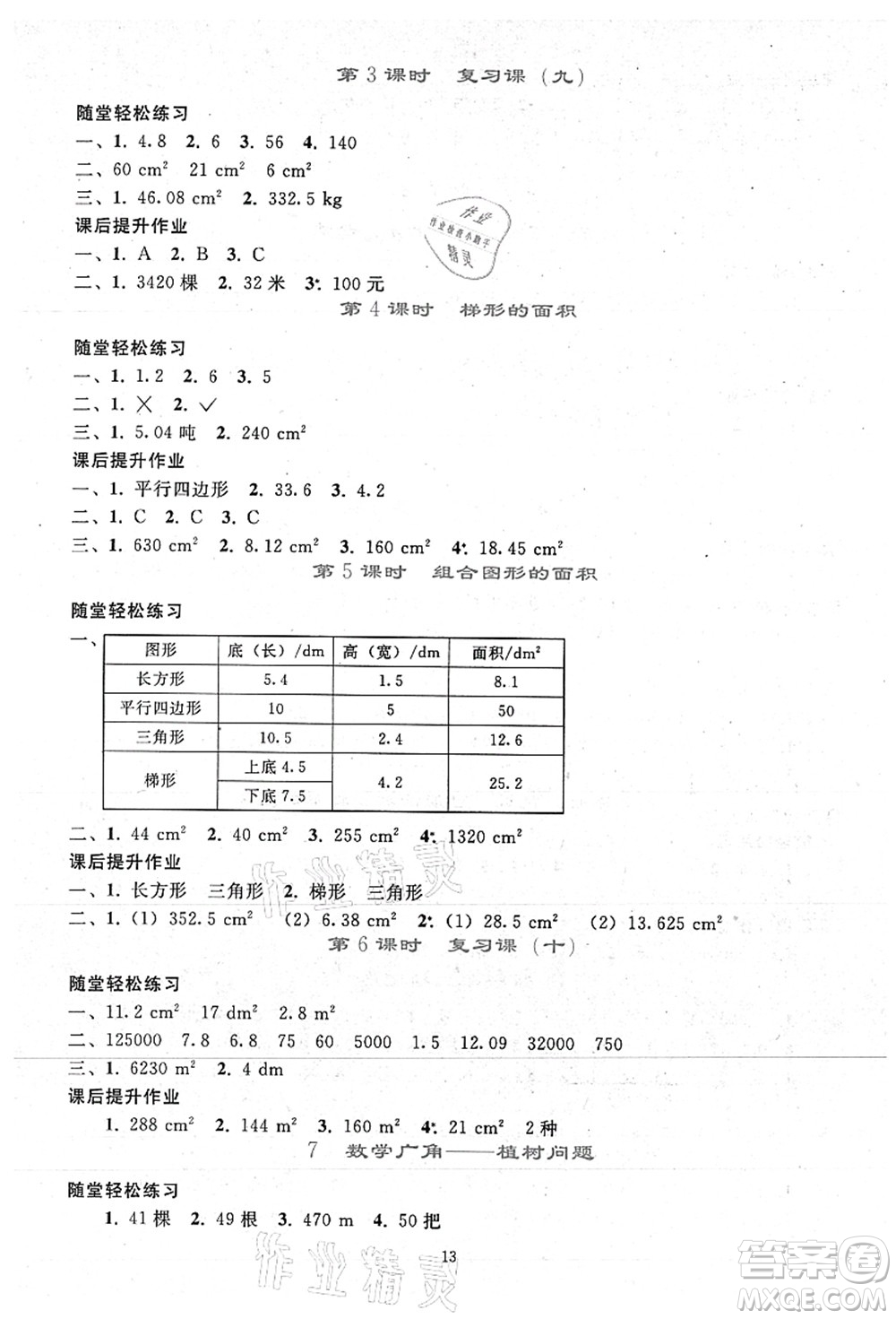 人民教育出版社2021同步輕松練習五年級數學上冊人教版答案