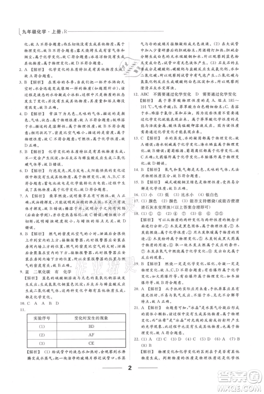 云南美術(shù)出版社2021秋季亮點給力提優(yōu)課時作業(yè)本九年級上冊化學(xué)人教版參考答案