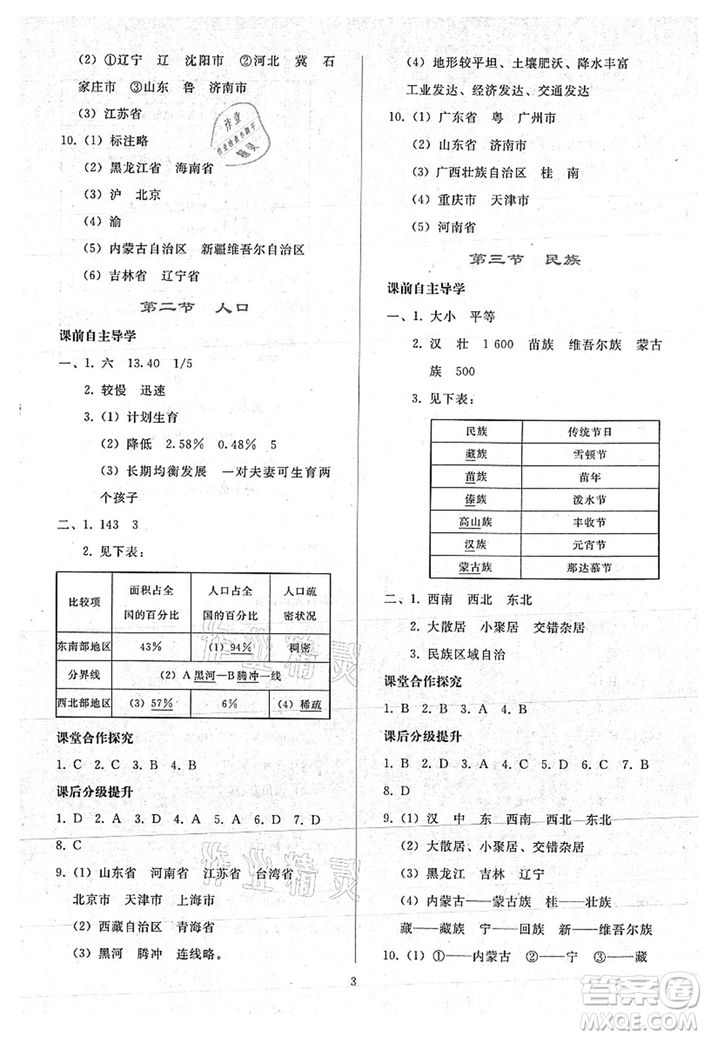 人民教育出版社2021同步輕松練習(xí)八年級地理上冊人教版答案