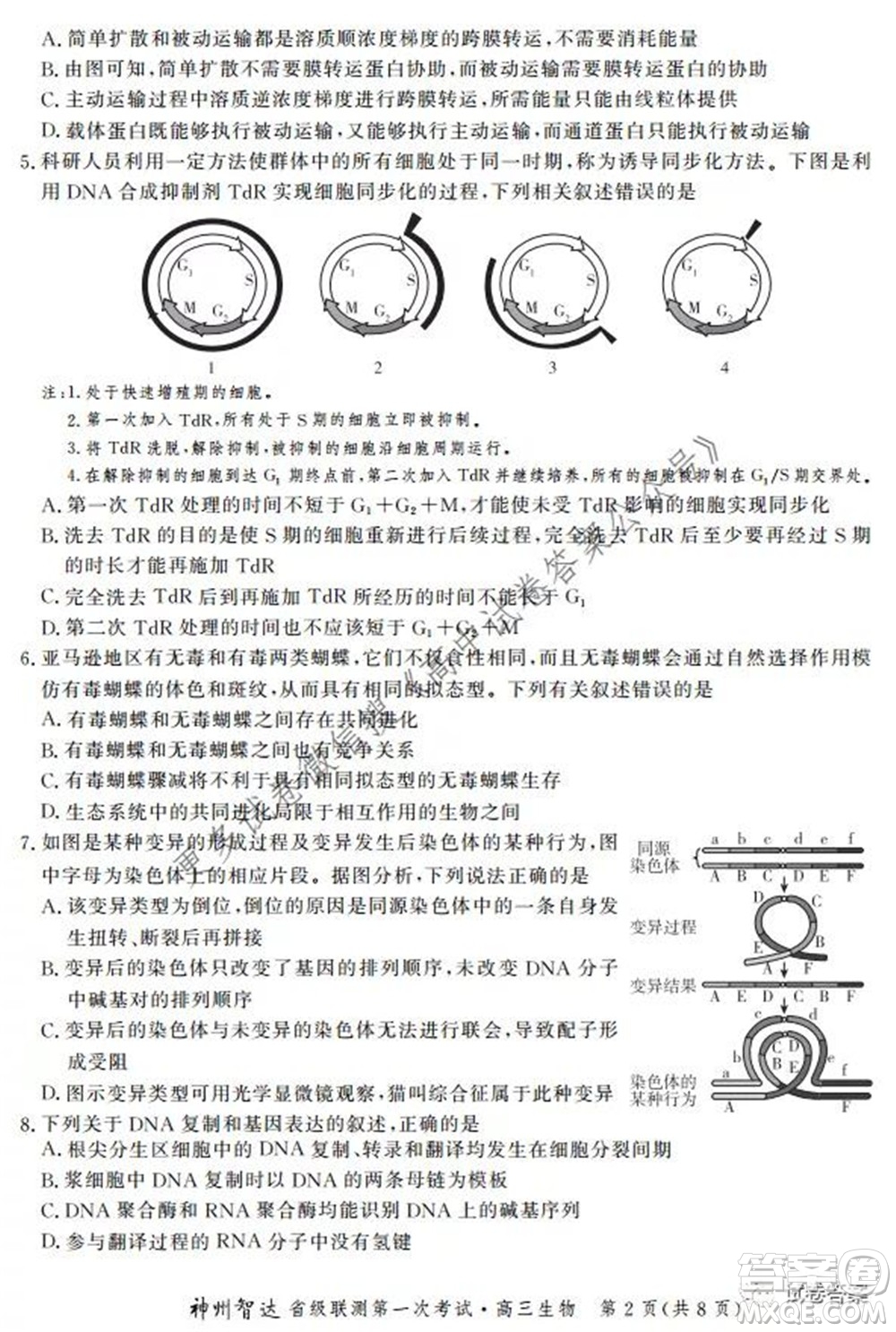 神州智達(dá)省級聯(lián)測2021-2022第一次考試高三生物試題及答案