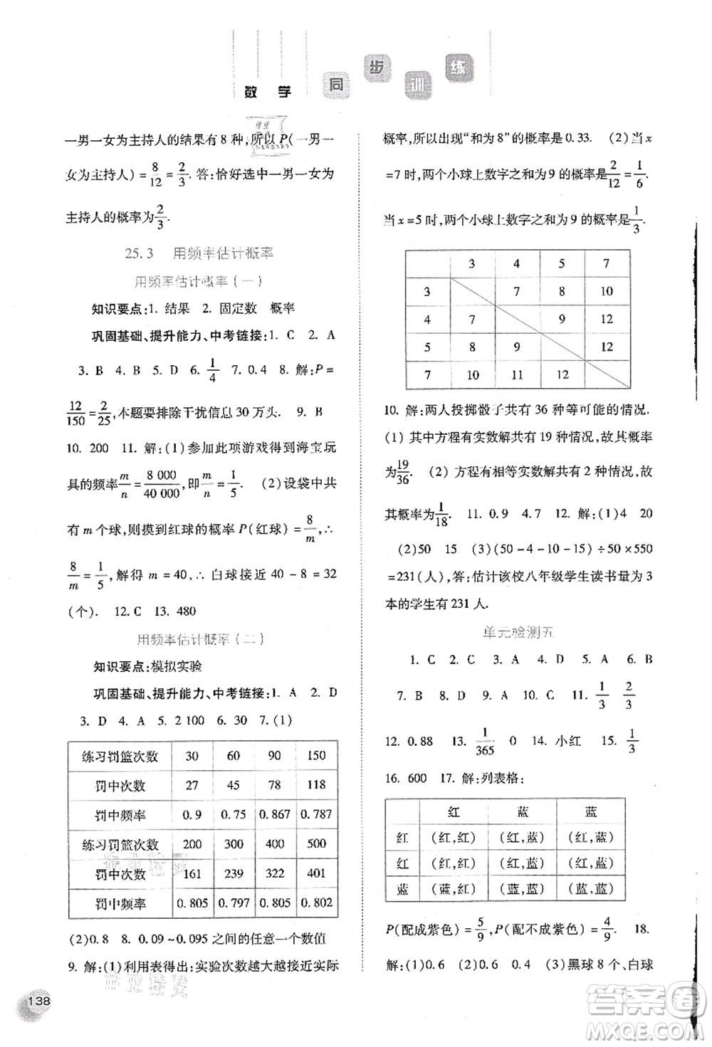 河北人民出版社2021同步訓(xùn)練九年級(jí)數(shù)學(xué)上冊人教版答案