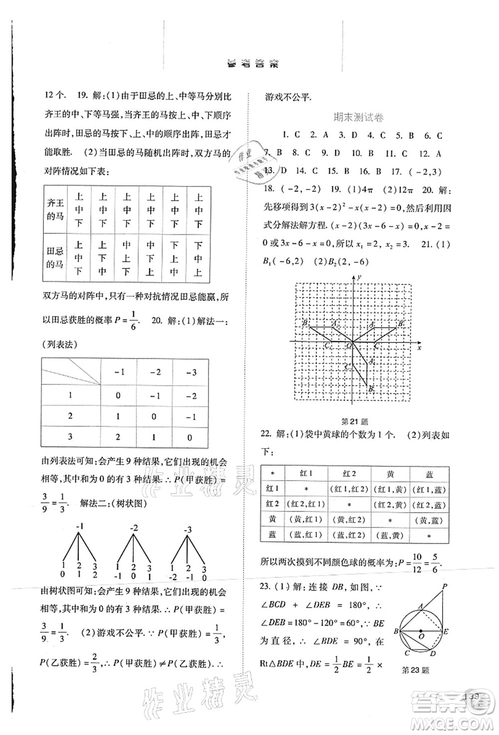 河北人民出版社2021同步訓(xùn)練九年級(jí)數(shù)學(xué)上冊人教版答案