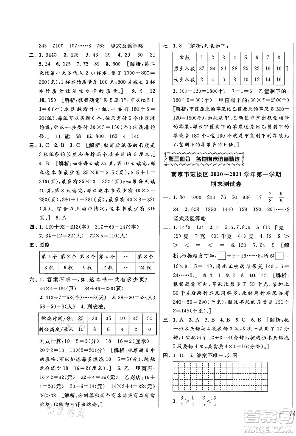 云南美術(shù)出版社2021同步跟蹤全程檢測及各地期末試卷精選三年級數(shù)學(xué)上冊蘇教版答案