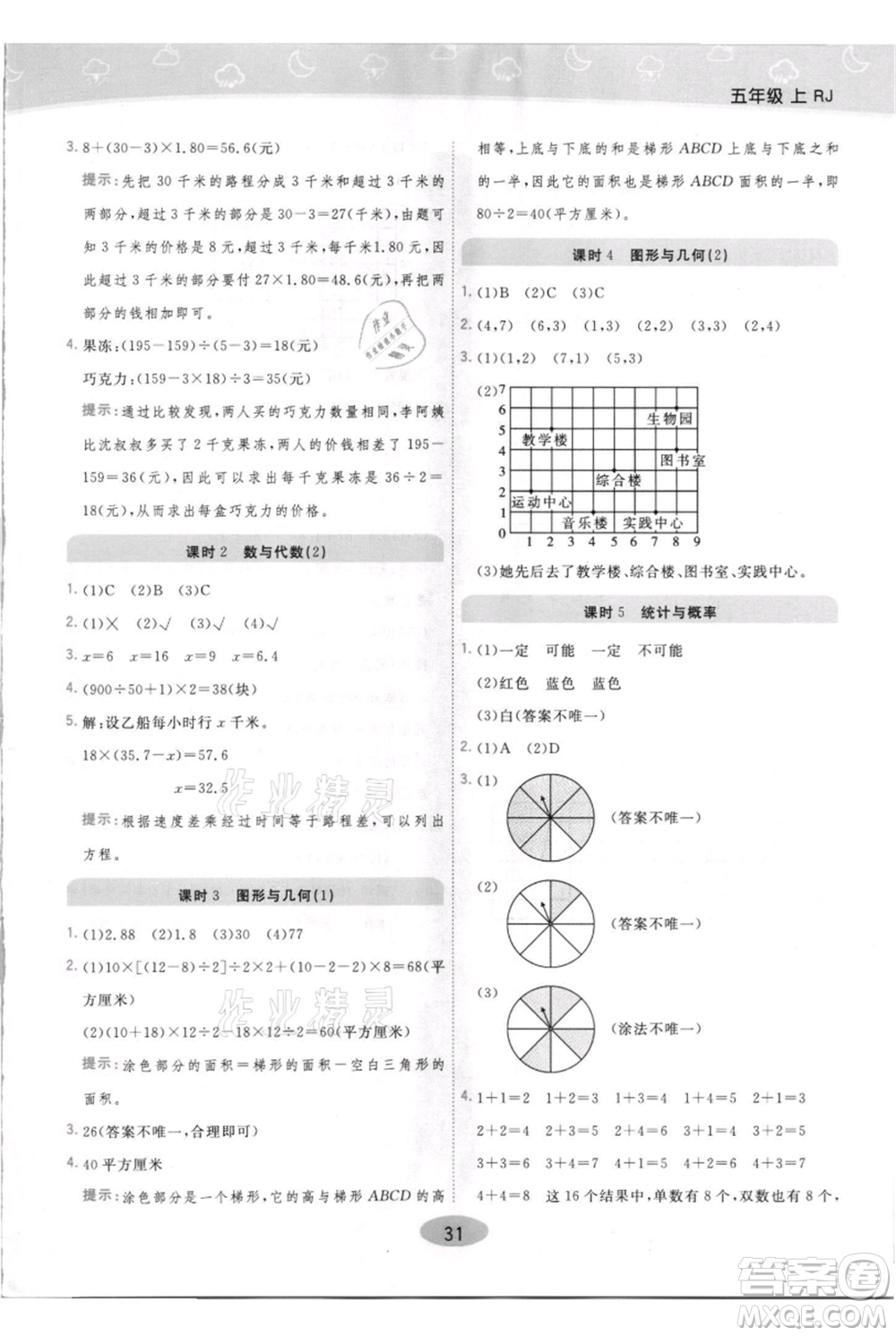 陜西師范大學出版總社有限公司2021黃岡同步練一日一練五年級上冊數(shù)學人教版參考答案