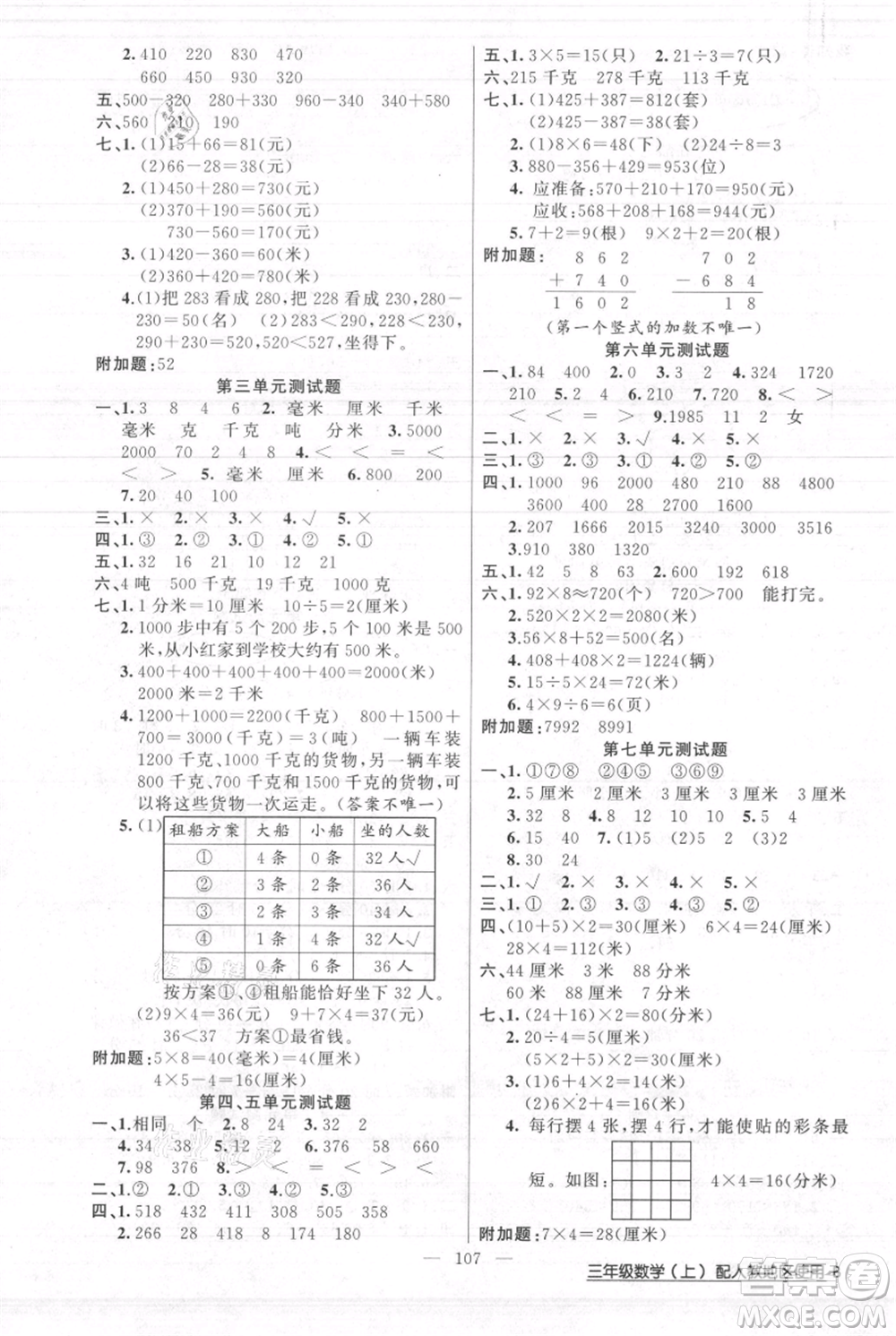 新疆青少年出版社2021黃岡100分闖關(guān)三年級(jí)上冊(cè)數(shù)學(xué)人教版參考答案
