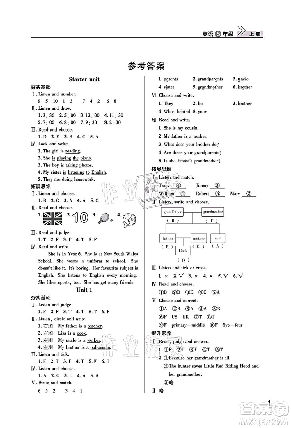 武漢出版社2021智慧學(xué)習(xí)天天向上課堂作業(yè)五年級(jí)英語上冊(cè)劍橋版答案