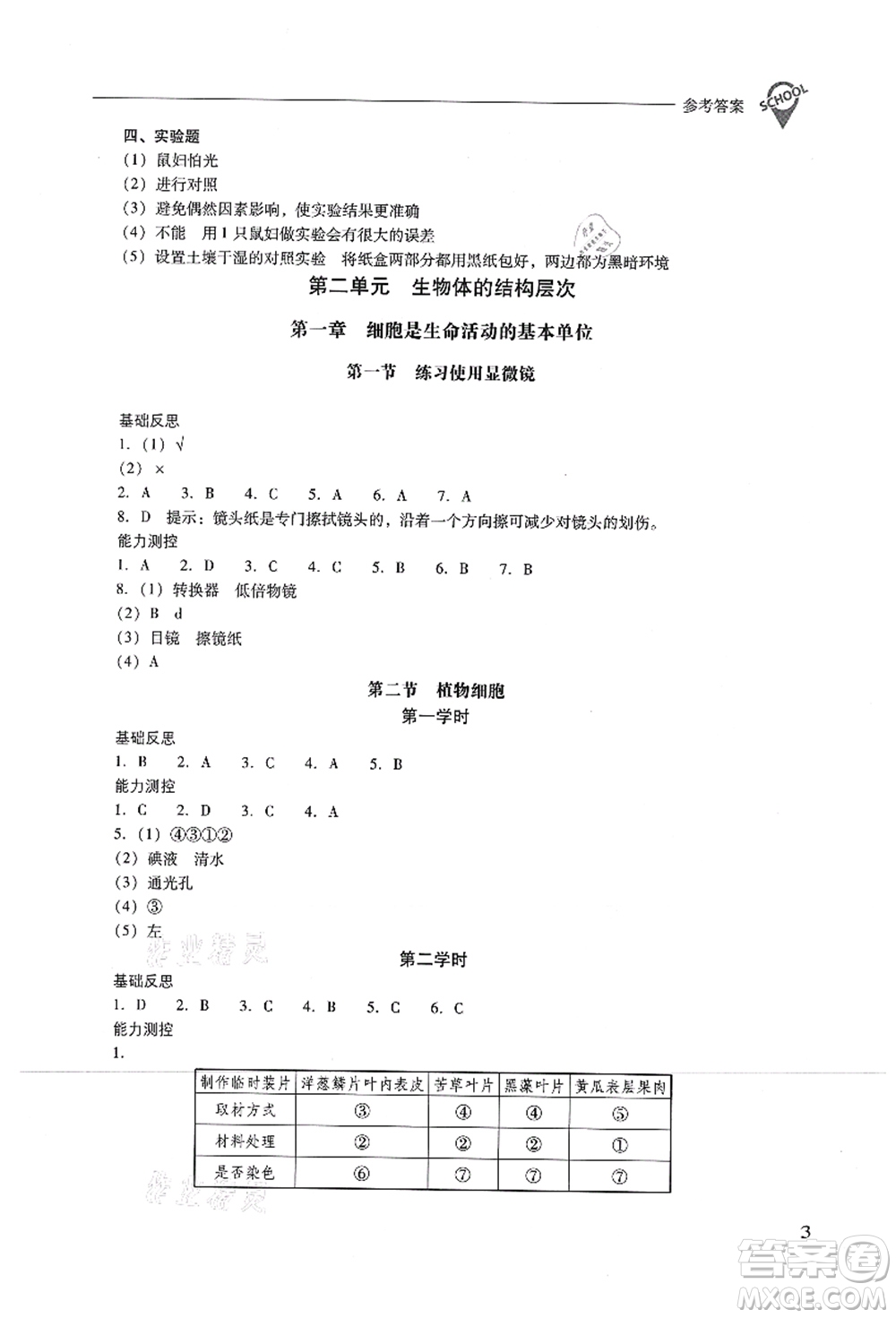 山西教育出版社2021新課程問題解決導學方案七年級生物上冊人教版答案