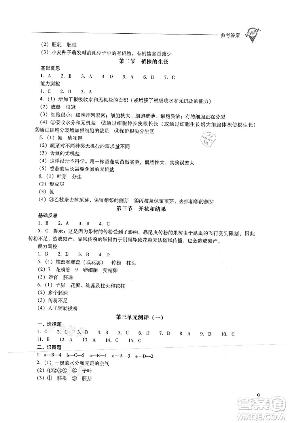 山西教育出版社2021新課程問題解決導學方案七年級生物上冊人教版答案
