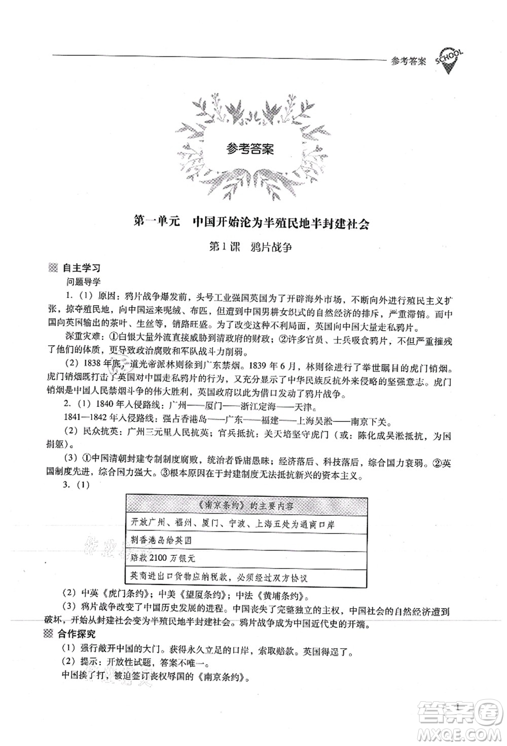 山西教育出版社2021新課程問題解決導(dǎo)學(xué)方案八年級(jí)歷史上冊(cè)人教版答案