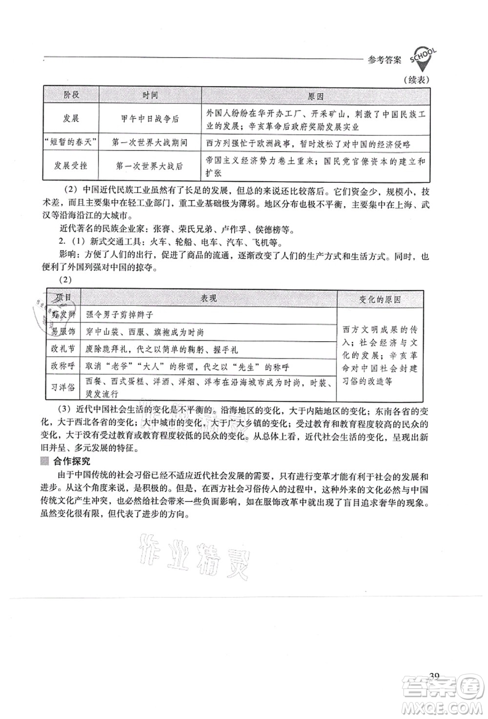 山西教育出版社2021新課程問題解決導(dǎo)學(xué)方案八年級(jí)歷史上冊(cè)人教版答案