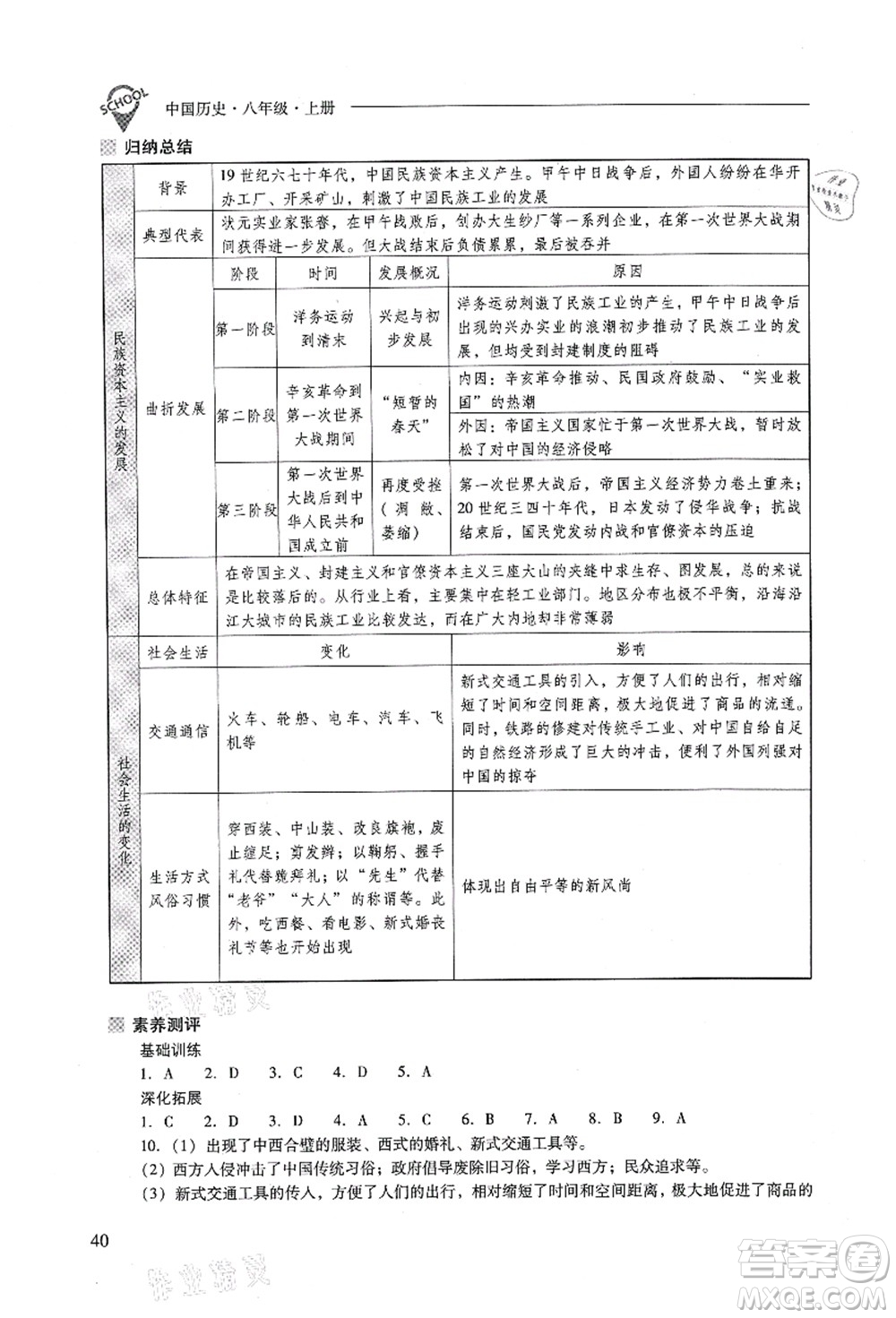 山西教育出版社2021新課程問題解決導(dǎo)學(xué)方案八年級(jí)歷史上冊(cè)人教版答案