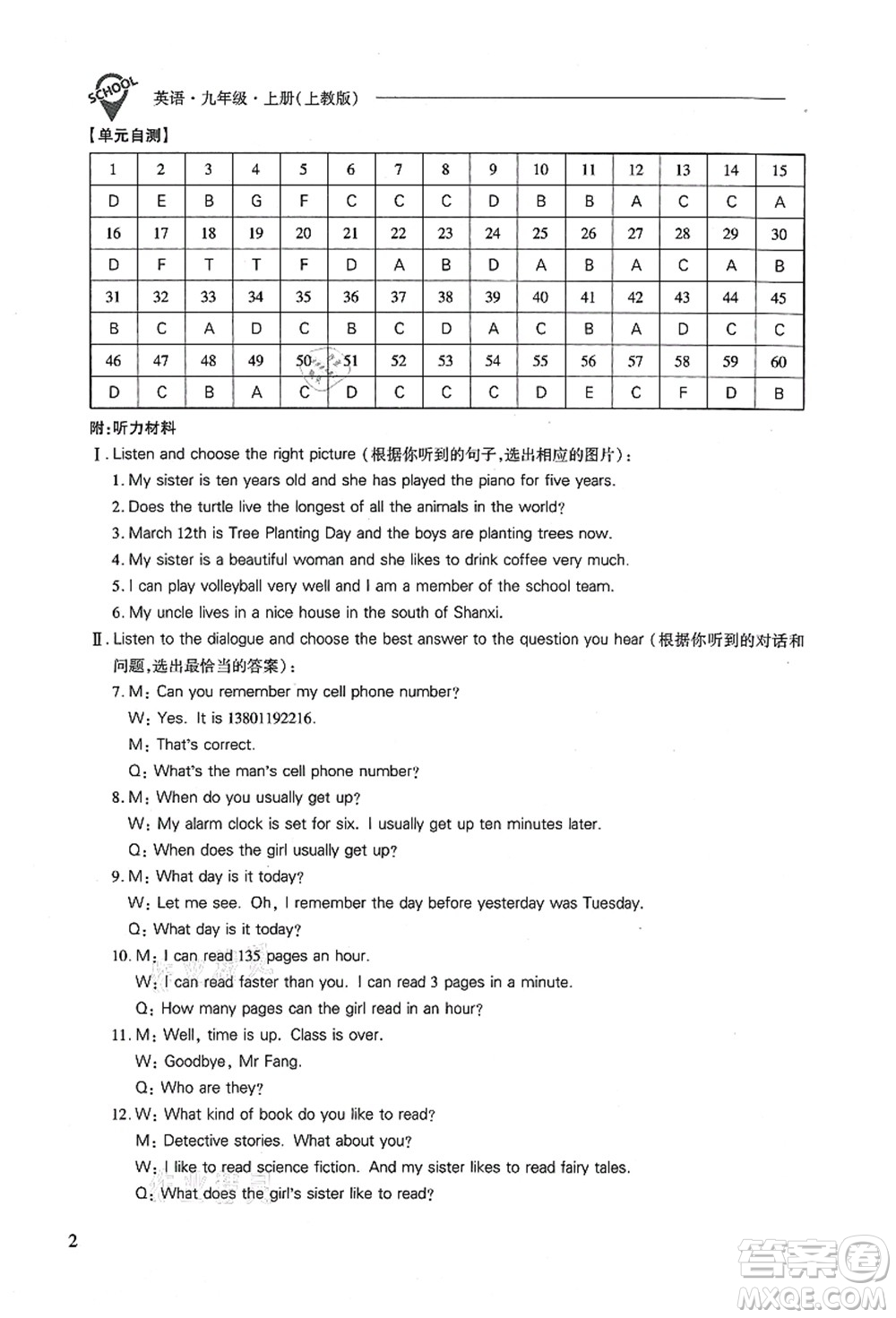 山西教育出版社2021新課程問題解決導(dǎo)學(xué)方案九年級(jí)英語(yǔ)上冊(cè)上教版答案