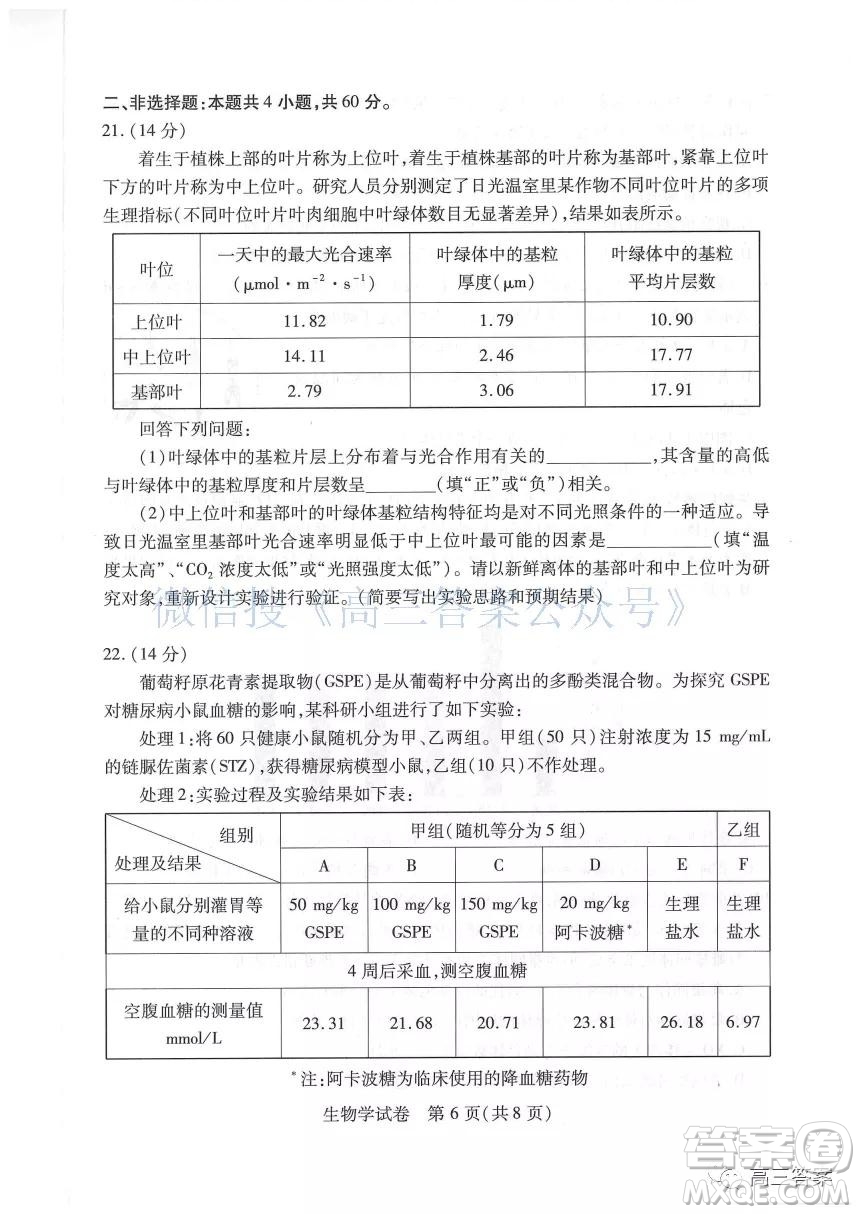 2021-2022學年度武漢市部分學校高三起點質量檢測生物試卷及答案